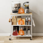 Homleke 3-Tier Rolling Kitchen Microwave Cart, Kitchen Utility Cart on Lockable Wheels, Coffee Bar Table Station with 6 S-Shaped Hooks, Small Appliance Storage Shelf, White and Natural KC40D