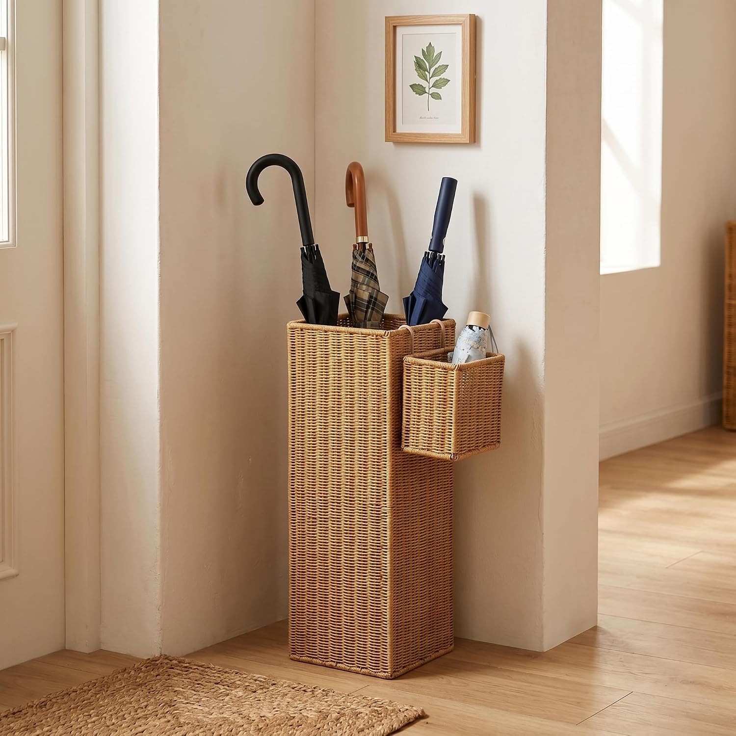 Rattan Umbrella Stand with Drip Tray, 22.5''H Umbrella Holder with Small Basket for Entryway, Tall Wicker Basket for Storage, Woven Organizer for Inoor, Outdoor, Home, Office, Hotel
