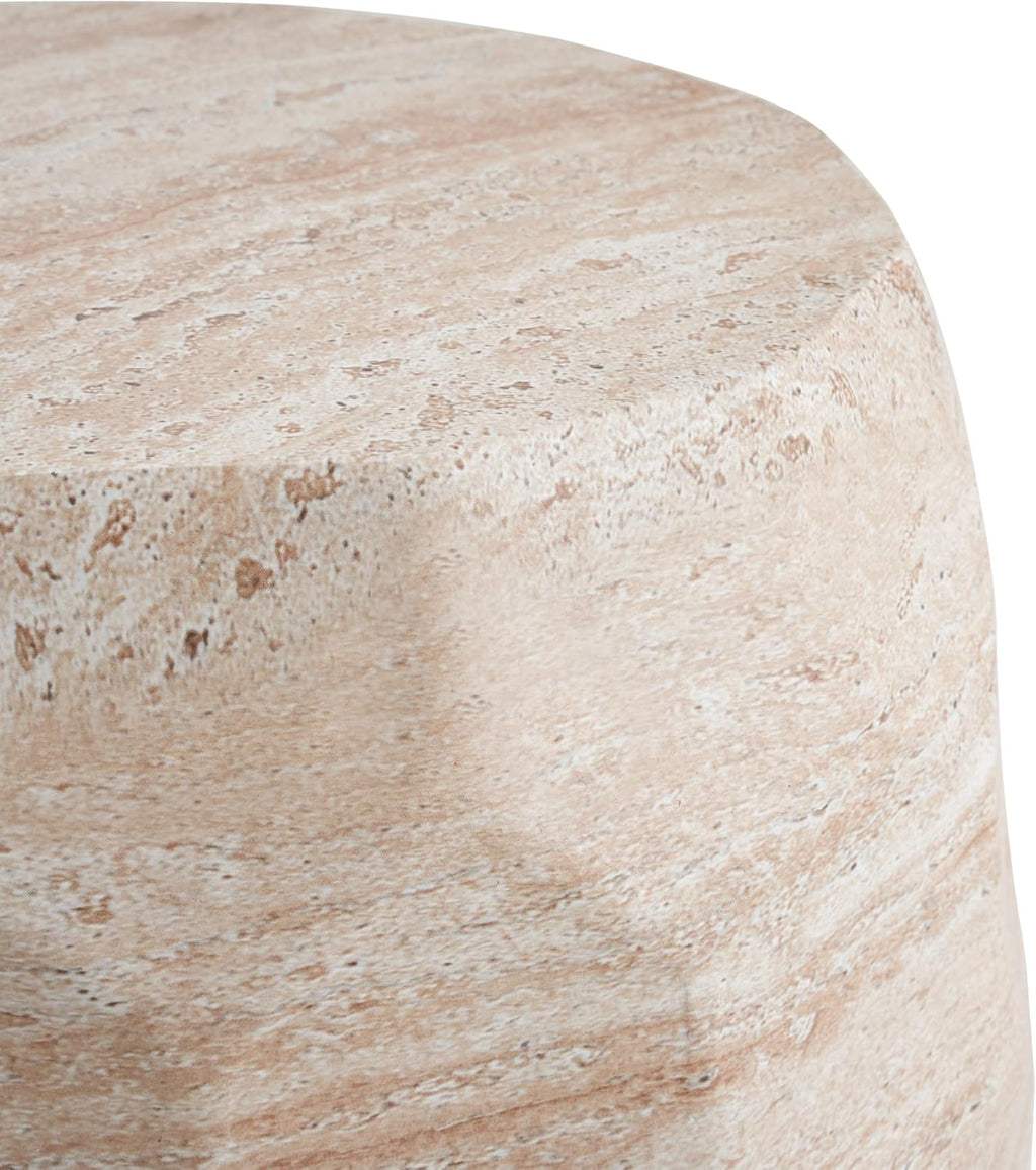 Lightweight Concrete Side Table with Travertine Finish - 15.25" Indoor Outdoor Accent Table Beige End Table for Patio Living Room Bedroom