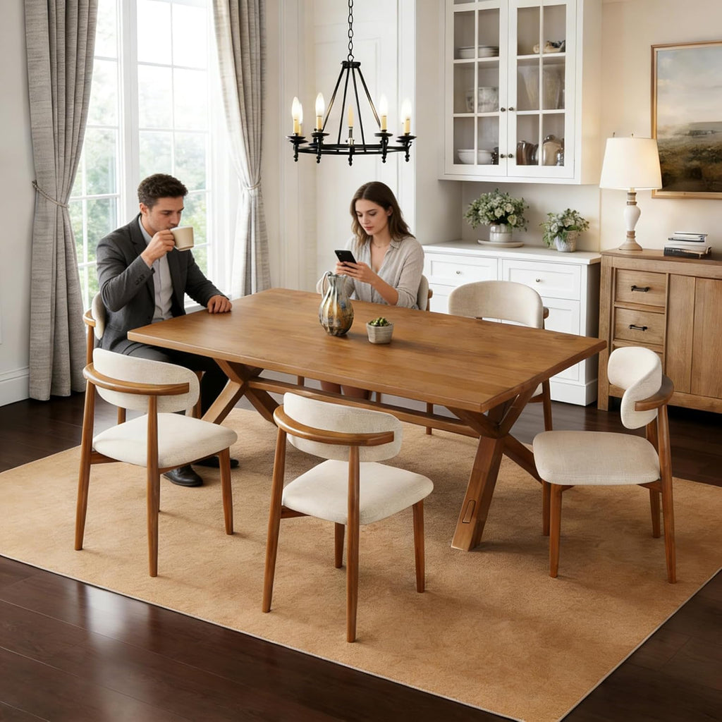 Wooden Dining Chairs Set of 4 Mid Century Modern Upholstered Farmhouse Dining Room Chair with Solid Wood Legs, Fabric Kitchen Side Chairs with Ergonomic Curved Backrest