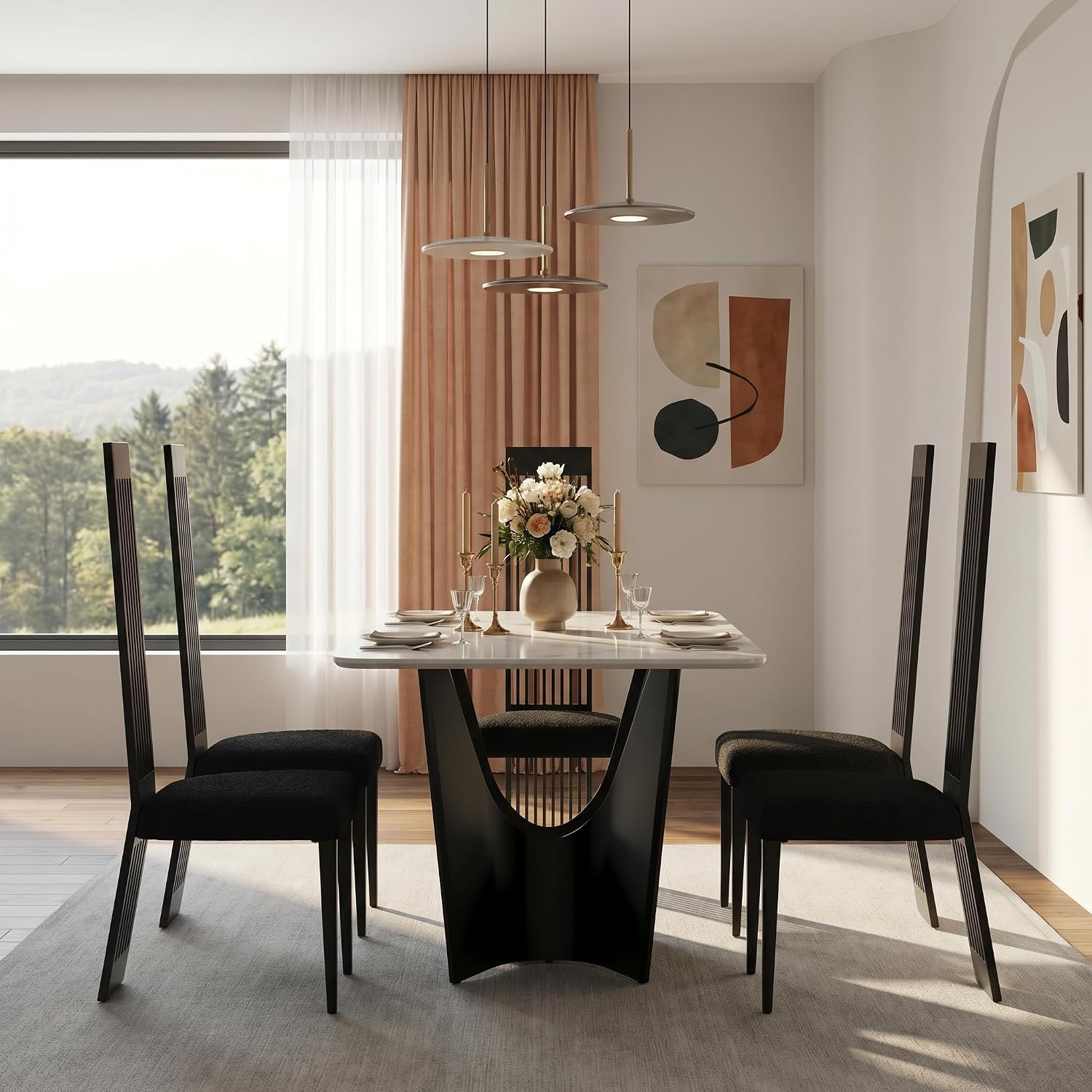 Black Dining Chair Set of 2, Modern Boucle High Back Upholstered Kitchen Chairs with Black Metal Legs for Dining Room Kitchen Living Room