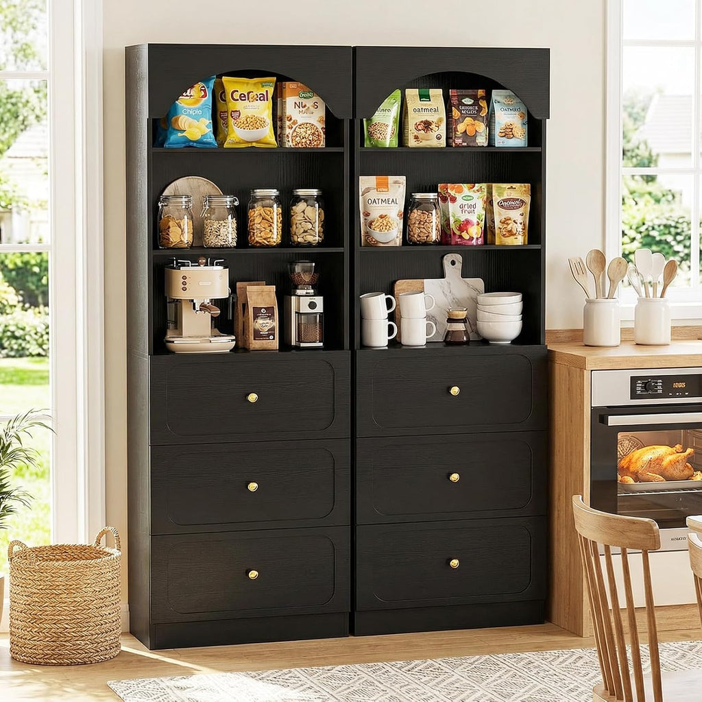 Cyclysio 80" Kitchen Pantry with 6 Drawers, Extra Tall Arch Storage Cupboard with 6-Tier Open Shelves, Freestanding Wood Shelf with Baseboard Cutout for Dining Living Room Bathroom Furniture