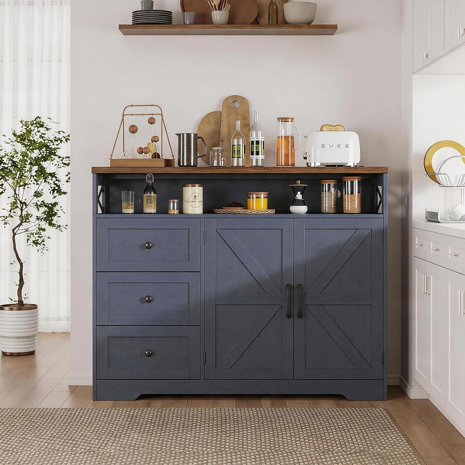 FiveWillowise 47" Blue Farmhouse Storage Cabinet with Barn Doors and Drawers, Sideboard Buffet Cabinet with Storage, Kitchen Pantry Hutch, Coffee Bar Station Table for Kitchen, Living, Dining Room