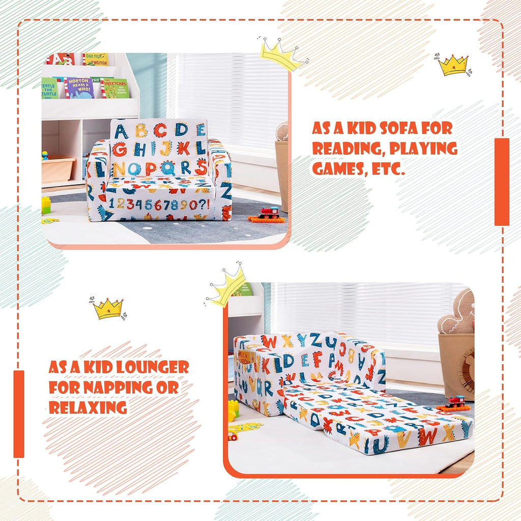 COSTWAY Kids Sofa, 2-in-1 Convertible Sofa to Lounger for Children with Side Storage Pocket, Flip Open Couch with Cut Patterns, Lightweight Toddler Furniture for Boys Girls (Alphabet)