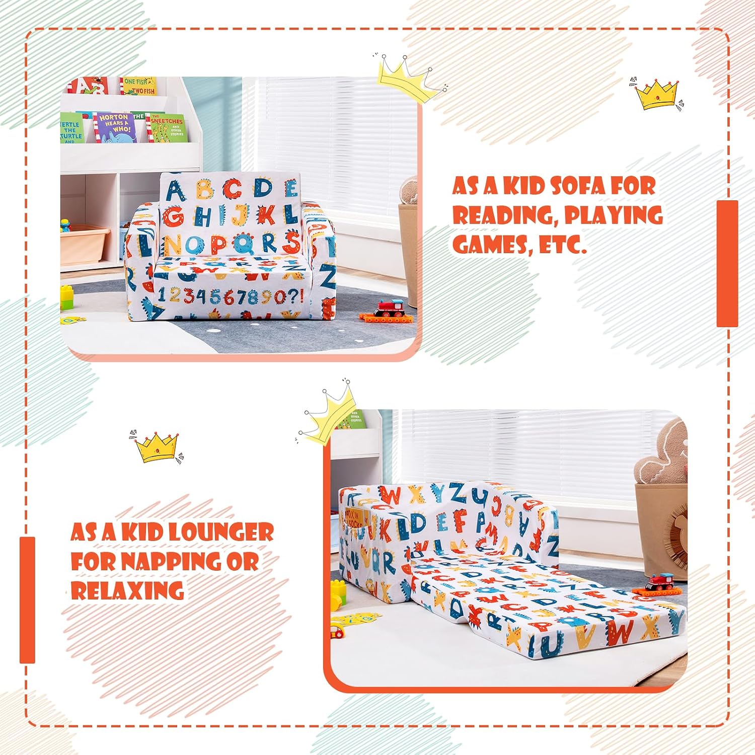 COSTWAY Kids Sofa, 2-in-1 Convertible Sofa to Lounger for Children with Side Storage Pocket, Flip Open Couch with Cut Patterns, Lightweight Toddler Furniture for Boys Girls (Alphabet)