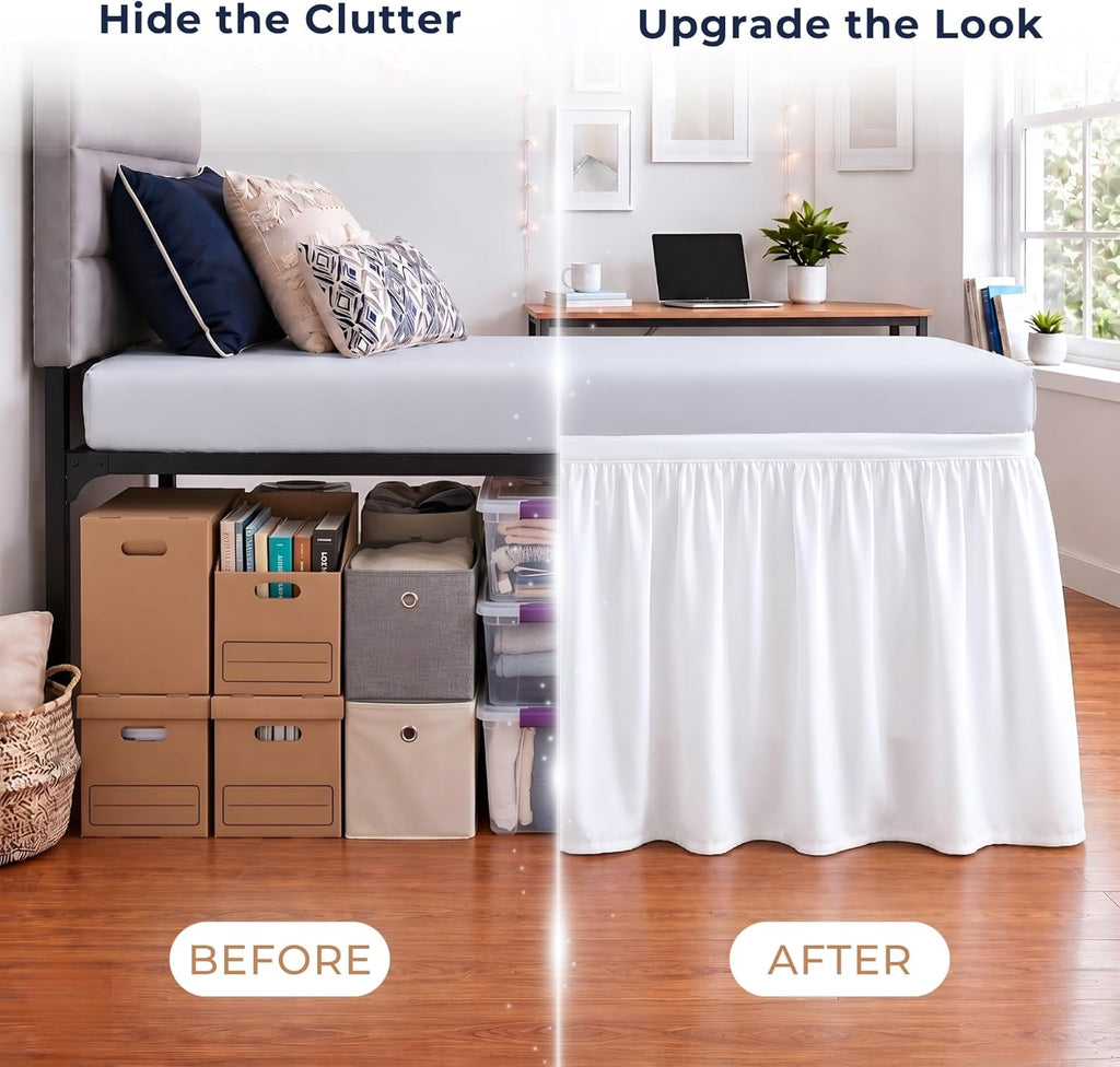 SGI bedding Dorm Bed Skirt Twin XL 32 Inch Drop Length - White, Ruffled Pattern College Dorm Room Bed Skirts - Split Corner, Easy Care, Wrinkle Free 1800 Series Microfiber Bed Skirt