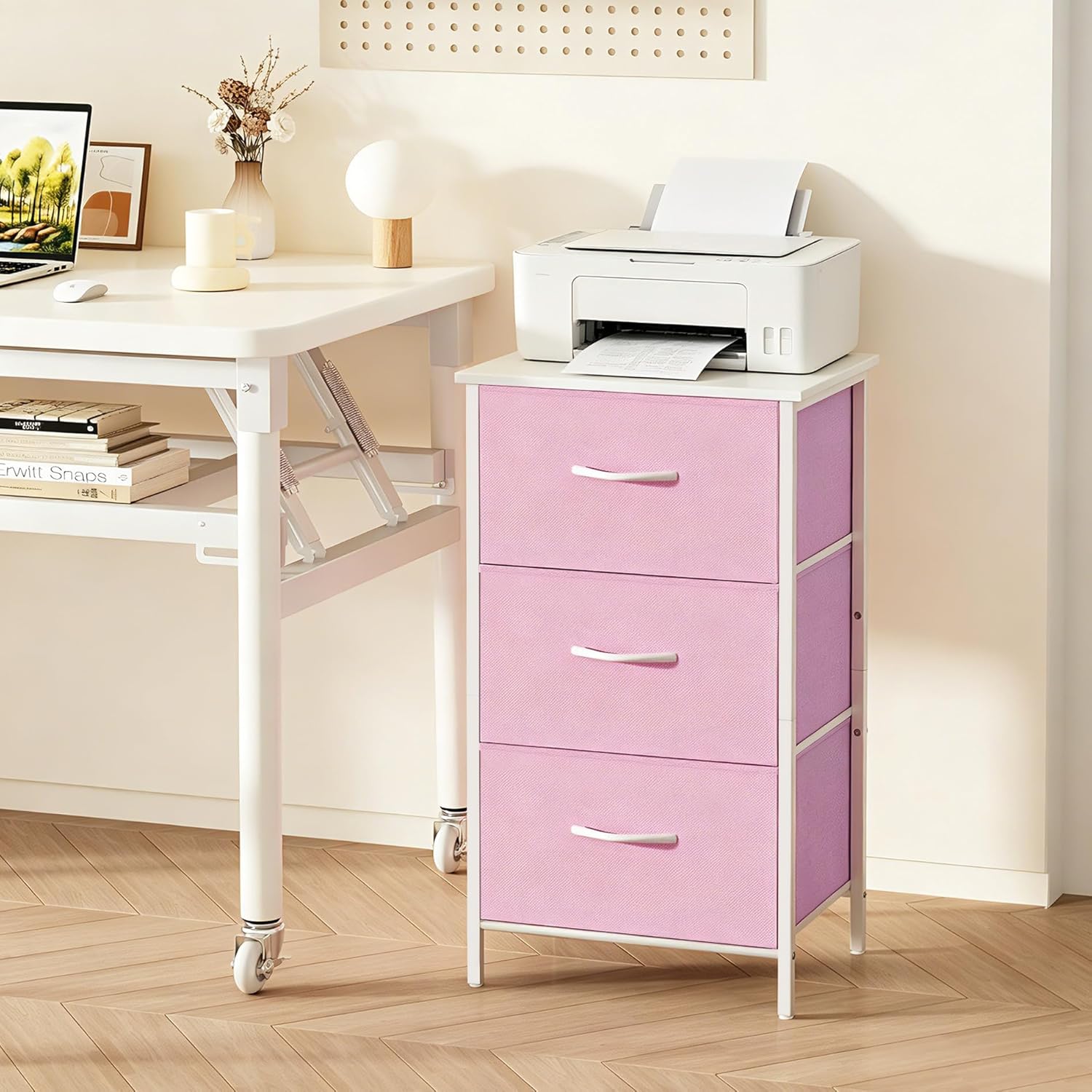 Stero Nightstand, Kids Dresser with 3 Drawers, Steel Frame Bedside Furniture, Wood Top Fabric Night Stand, Colorful End Table for Home, Bedroom, Office, Pink