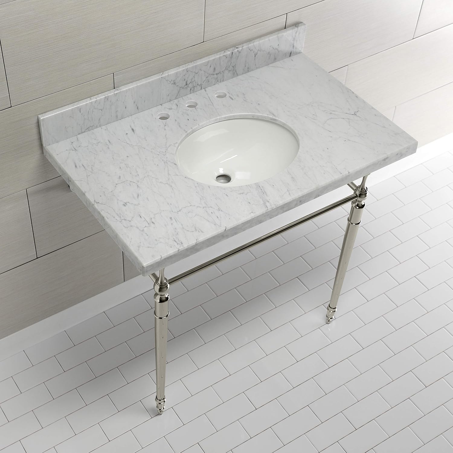 Kingston Brass KVPB3622M86 Edwardian 36" Console Sink with Brass Legs (8-Inch, 3 Hole), Marble White/Polished Nickel