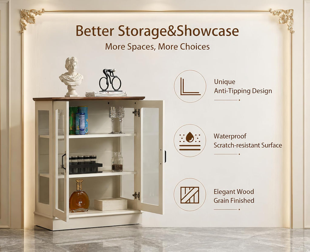 FOREST GRAVITY 31.5'' Small Display Buffet Cabinet with Glass Doors for Great Showcase,Small Coffee bar Cabinet with one Adjustable Shelf and one Fixed Shelf,Modern Sideboard Buffet for Kitchen,White