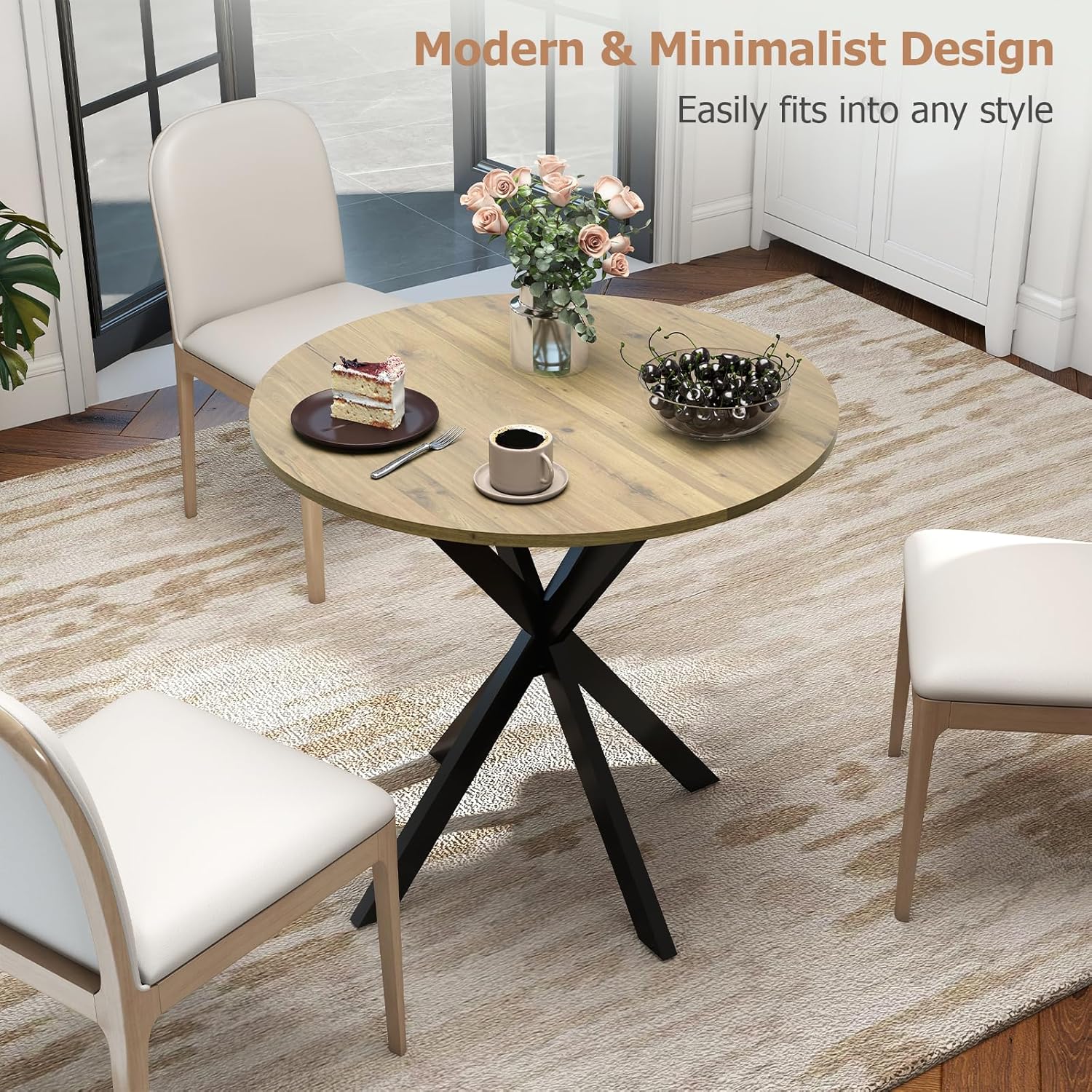 Zevemomo Round Dining Table, 31.5" Small Dining Table for 2-4, Round Kitchen Table with Metal Black Legs, Modern Round Dining Room Table for Kitchen, Apartment, Living Room, Brown