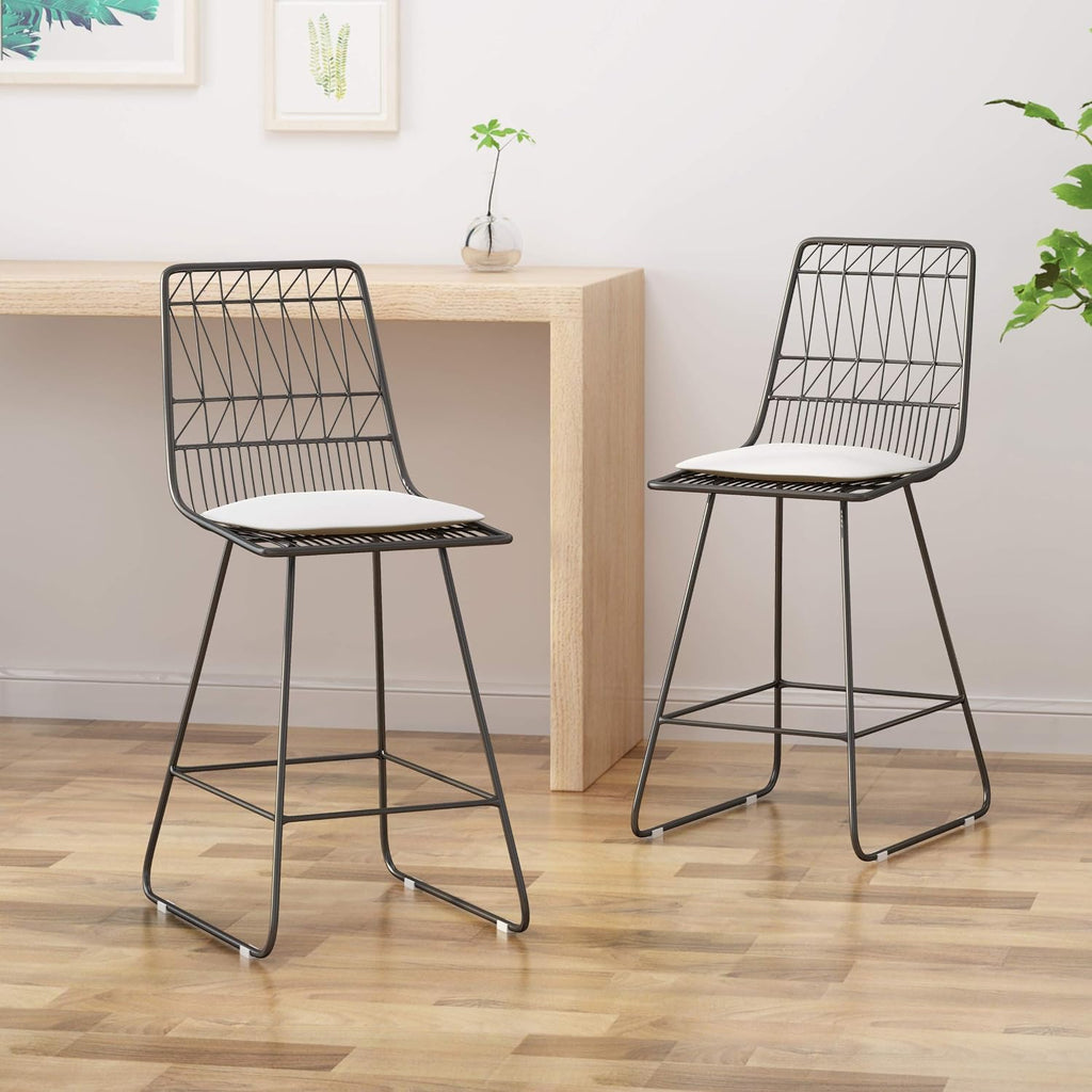 GDFStudio Christopher Knight Home Lilith Counter Stools, 26" Seats, Modern, Geometric, Gray Iron Frames with Ivory Cushion (Set of 2)