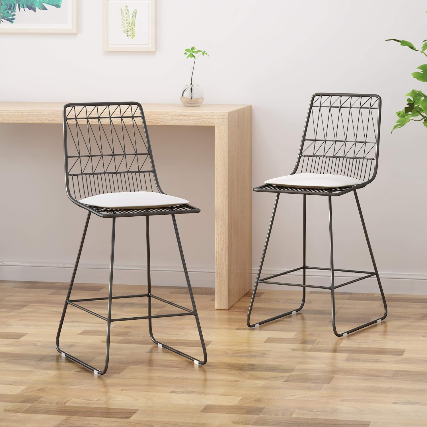 GDFStudio Christopher Knight Home Lilith Counter Stools, 26" Seats, Modern, Geometric, Gray Iron Frames with Ivory Cushion (Set of 2)