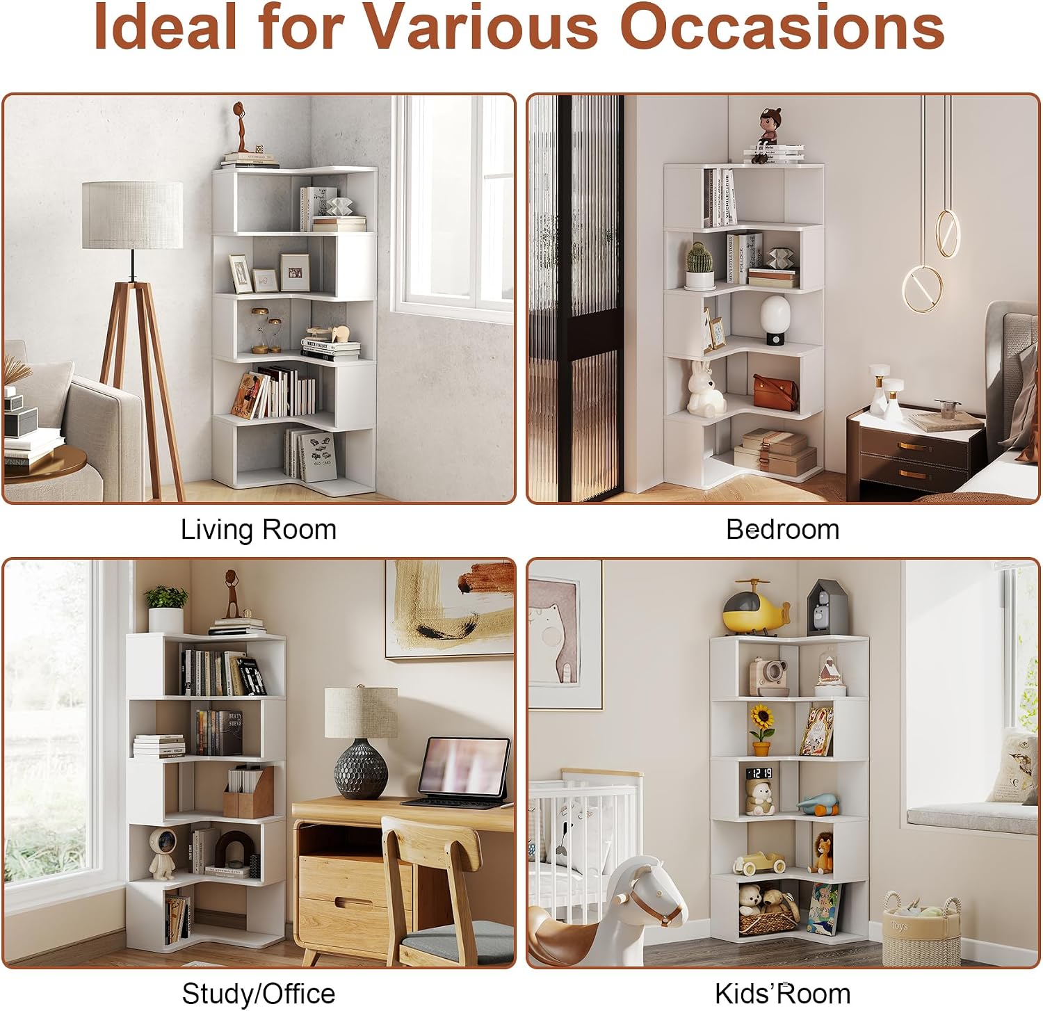 6-Tier Corner Bookshelf, 66" Tall L-Shaped Corner Shelf with Anti-Fall Baffles for Living Room Decor, Heavy Duty Wooden Bookcase Display Rack for Home Office Storage,White