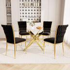 51'' Glass Dining Table Set for 4, Modern Rectangular Dining Room Table with Gold Metal Legs & 4 Upholstered Velvet Dining Chairs, Space-Saving Kitchen Table Set for Small Spaces, Apartment(Black)