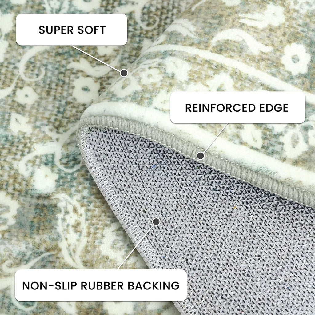 Vintage Washable Runner Rug 2x6, Sage Green Beige Runners for hallways, Super Soft Kitchen Runner Rug Non Slip, Printed Faux Wool Floral Thin Carpet Runner for Entryway Laundry Room Bedroom