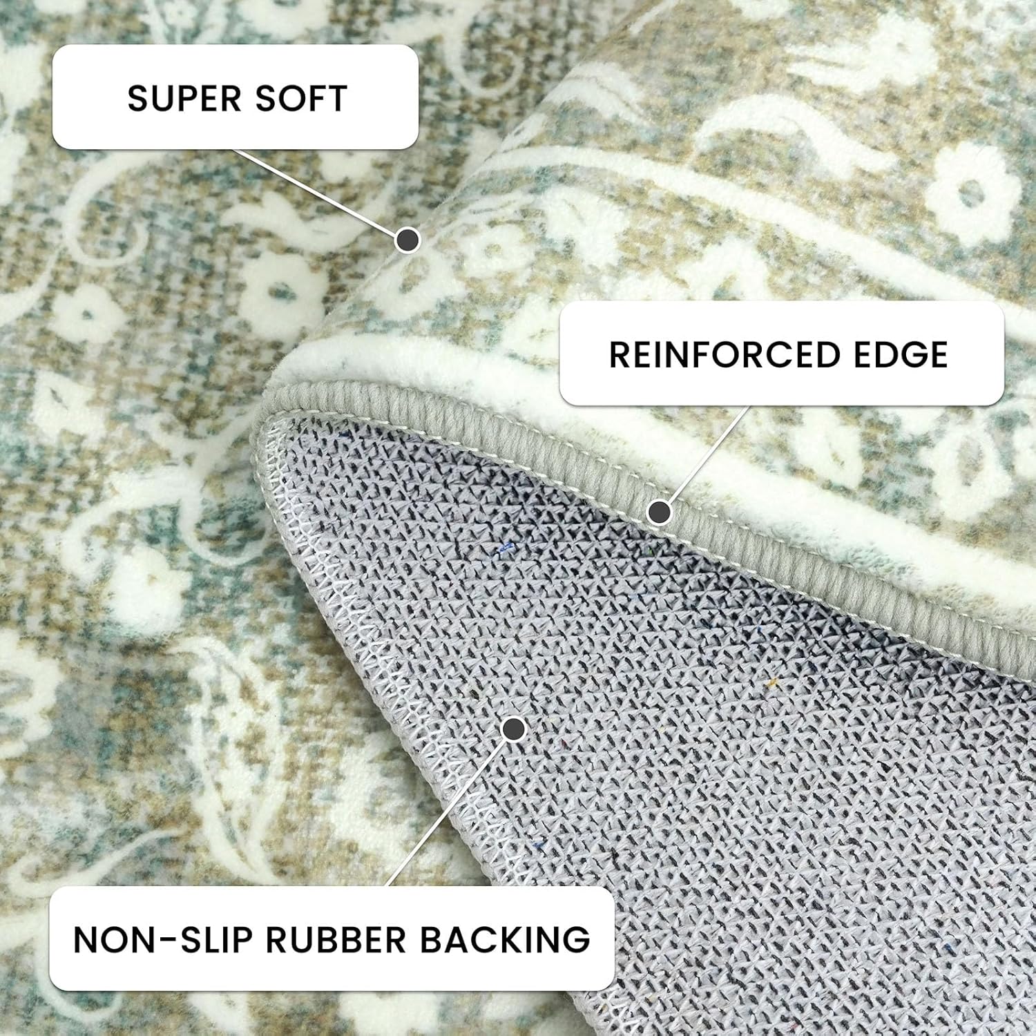 Vintage Washable Runner Rug 2x6, Sage Green Beige Runners for hallways, Super Soft Kitchen Runner Rug Non Slip, Printed Faux Wool Floral Thin Carpet Runner for Entryway Laundry Room Bedroom