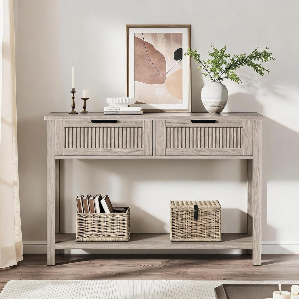 GAOMON Entryway Table with 2 Drawers, Farmhouse 43 Inch Wood Fluted Console Table with Shelf, 2 Tier Sofa Table with Storage for Living Room, Foyer Tables for Entryway - Grey