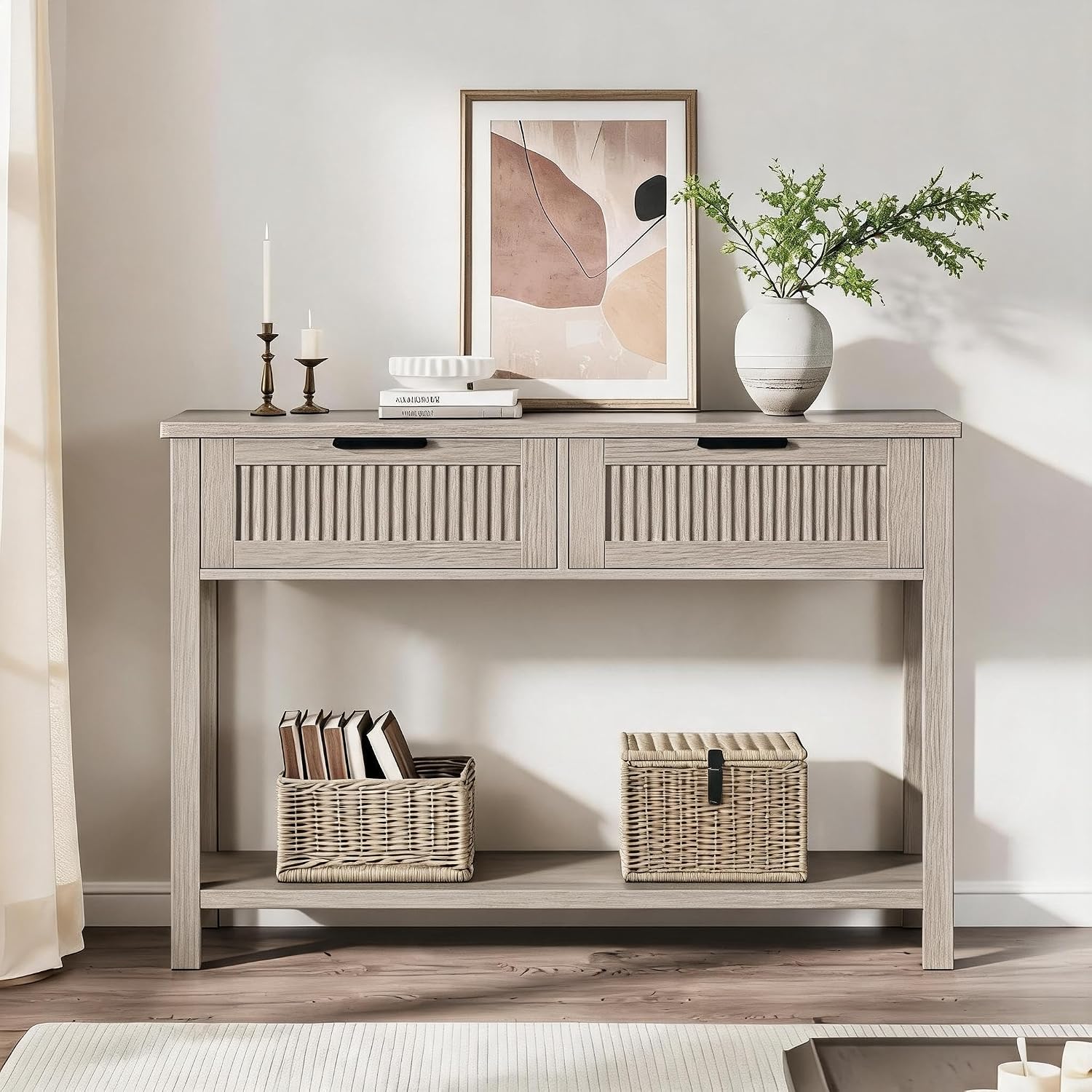 GAOMON Entryway Table with 2 Drawers, Farmhouse 43 Inch Wood Fluted Console Table with Shelf, 2 Tier Sofa Table with Storage for Living Room, Foyer Tables for Entryway - Grey