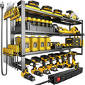MOOMSINE Large Power Tool Organizer Wall Mount with Charging Station for Garage, 400lbs Metal Storage Rack with 8 Cordless Drill Holder, 4 Tier Heavy Duty Battery Tool Shelf with 5 Outlet Power Strip