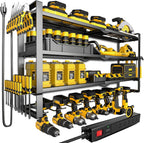 MOOMSINE Large Power Tool Organizer Wall Mount with Charging Station for Garage, 400lbs Metal Storage Rack with 8 Cordless Drill Holder, 4 Tier Heavy Duty Battery Tool Shelf with 5 Outlet Power Strip