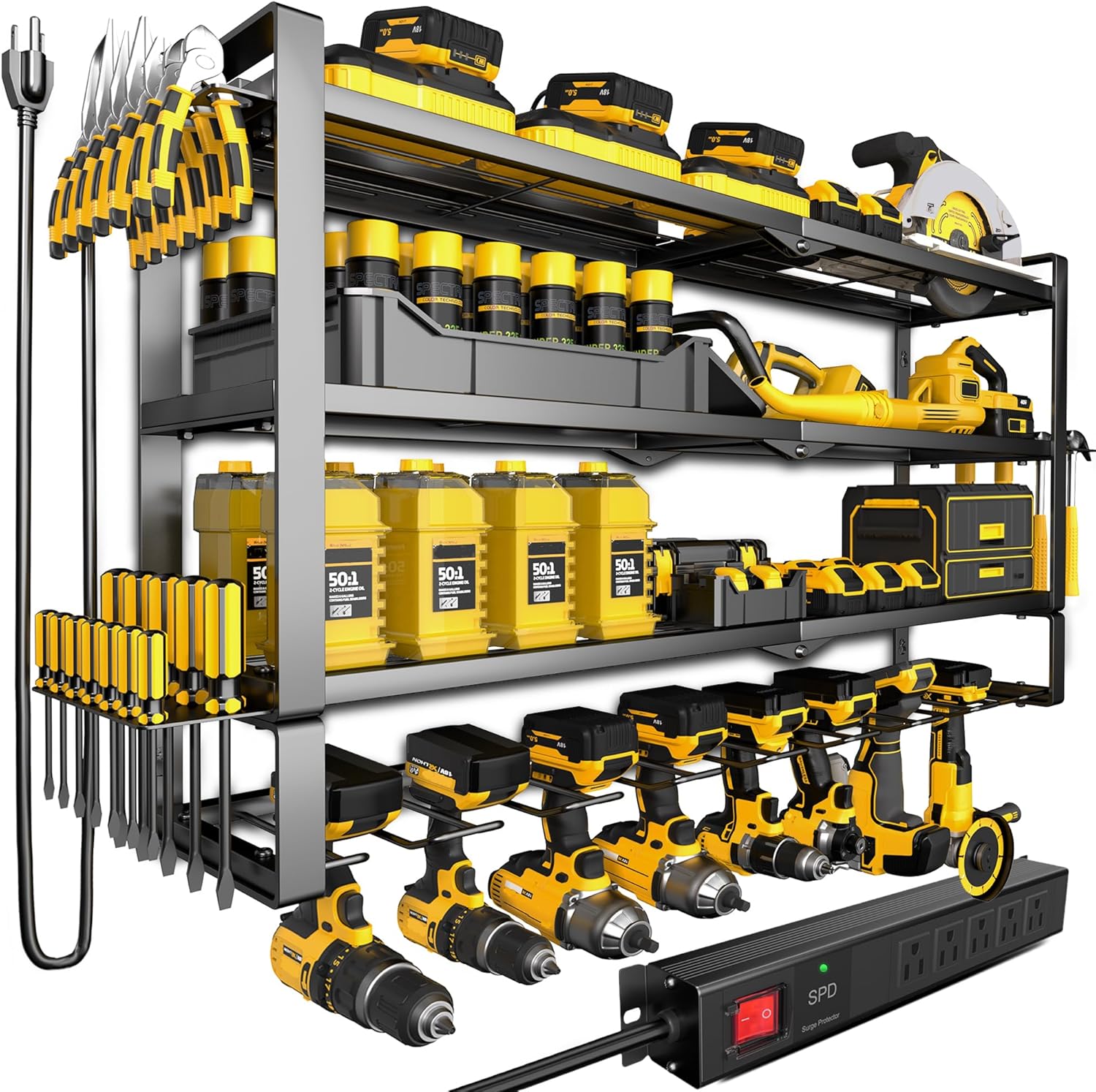 MOOMSINE Large Power Tool Organizer Wall Mount with Charging Station for Garage, 400lbs Metal Storage Rack with 8 Cordless Drill Holder, 4 Tier Heavy Duty Battery Tool Shelf with 5 Outlet Power Strip