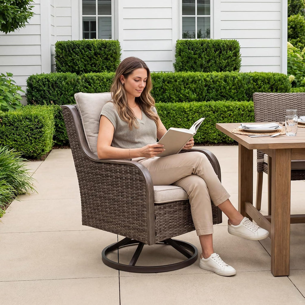 Loungewave Swivel PE Wicker Chair, Outdoor High Back Swivel Patio Chair, 360 Degree Outdoor Swivel Chair with Cushion, Patio Furniture for Porch Balcony Garden, Poolside (Brown/Beige)