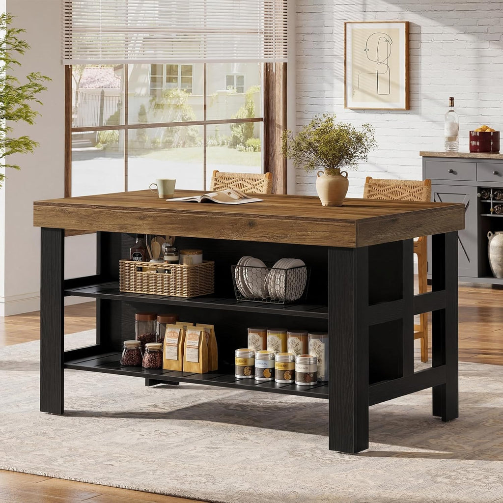Tribesigns Kitchen Island with Storage and Seating, Farmhouse Large Stationary Wood Island Table for Kitchen Dining Room (Black and Brown)