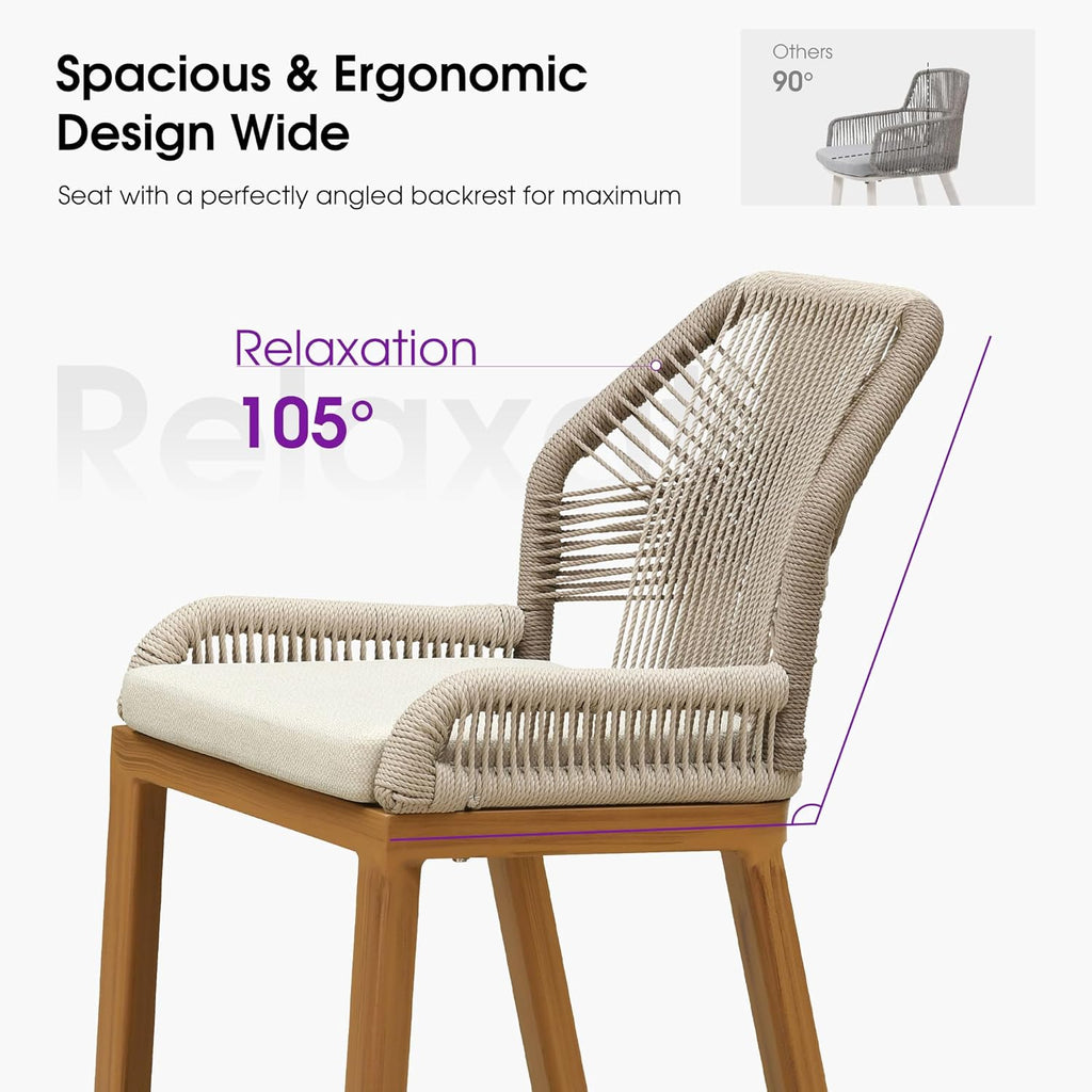 PURPLE LEAF Patio Bar Stool Counter Height Stools Set of 2 Outdoor Rattan Chairs with Back Modern Aluminum Woven Barstools for Garden Patio Kitchen Indoor Teak