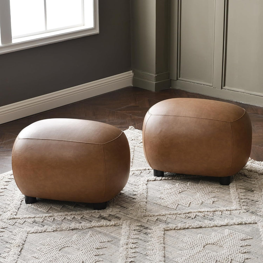 KINWELL 23" Wide Faux Leather Upholstered Ottoman Set of 2, Mid-Century Modern Living Room Footrest with Soft Padded Seat, Footstool for Bedroom, Entryway or Living Room, Camel