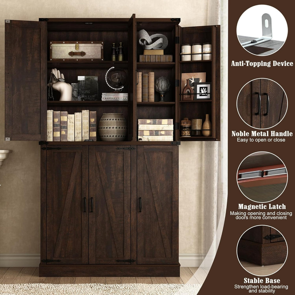 Hlivelood 71" Tall Kitchen Pantry,Farmhouse Storage Cabinet with Barn Doors,Organizer,Rustic Wood Cupboard,Farmhouse Pantry Cabinet for Kitchen,Dining Room,Living Room(Brown)