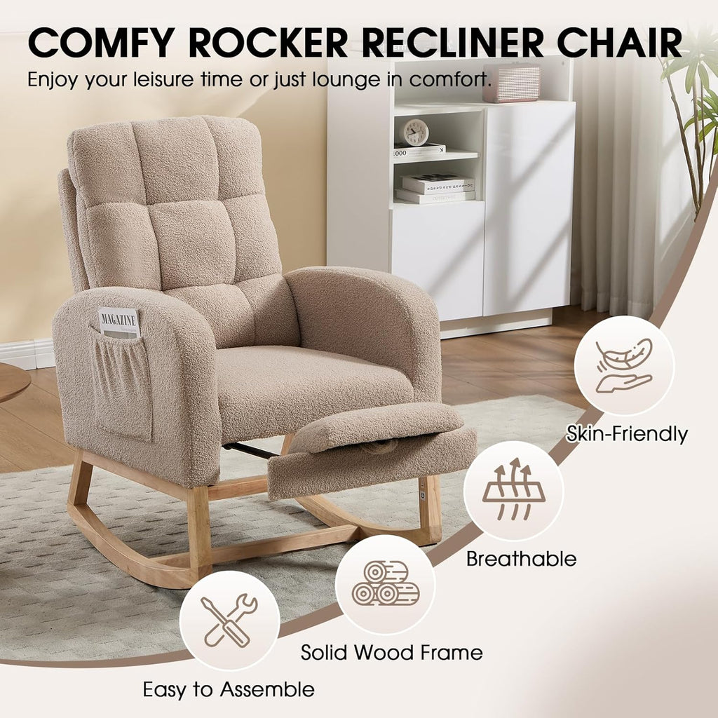 Nursery Rocking Chair, Teddy Boucle Upholstered Glider Rocker with Adjustable Footrest, High Back Rocker with Side Pockets, Comfy Accent Reading Chair for Living Room (Brown)