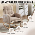 Nursery Rocking Chair, Teddy Boucle Upholstered Glider Rocker with Adjustable Footrest, High Back Rocker with Side Pockets, Comfy Accent Reading Chair for Living Room (Brown)