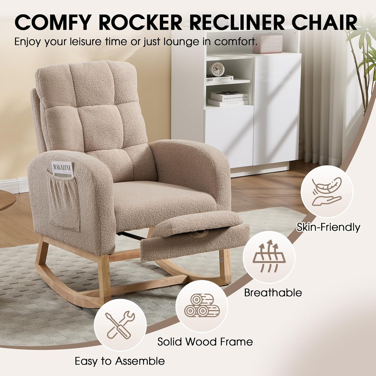 Nursery Rocking Chair, Teddy Boucle Upholstered Glider Rocker with Adjustable Footrest, High Back Rocker with Side Pockets, Comfy Accent Reading Chair for Living Room (Brown)