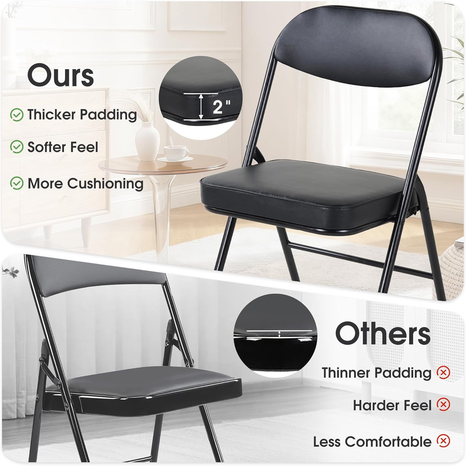 HOMEFUN Padded Folding Chairs Set of 4, Folding Chairs with Cushion and Durable Metal Frame，No Assemble Required for Party Kitchen Office Wedding Black