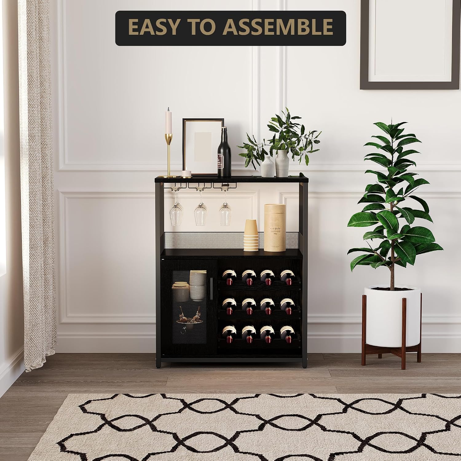 Wine Bar Cabinet with Wine Rack & Glass Holder, Wine Rack Table with Baffle Design, Adjustable Feet & Shelves | Armario de Vino con Repisa para Vinos, Soporte para Copas & Estantes Ajustables -Blk
