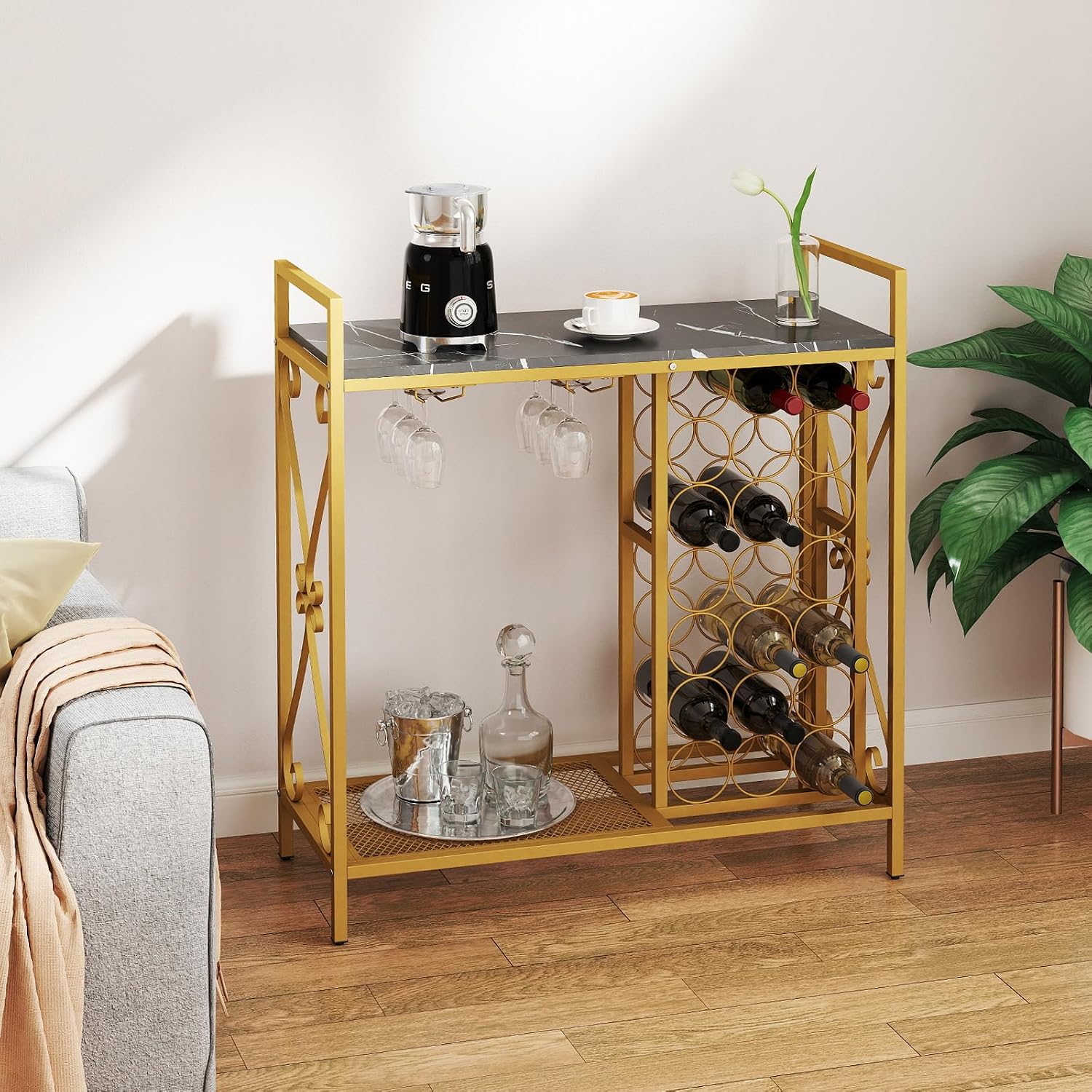 Giantex 21-Bottle Wine Rack Freestanding Floor, Wine Bar Table with 6-Glass Wine Glass Holder, Industrial Wine Display Storage Shelf, Liquor Coffee Bar Cabinet for Home, Dining Room (Gold+Black)
