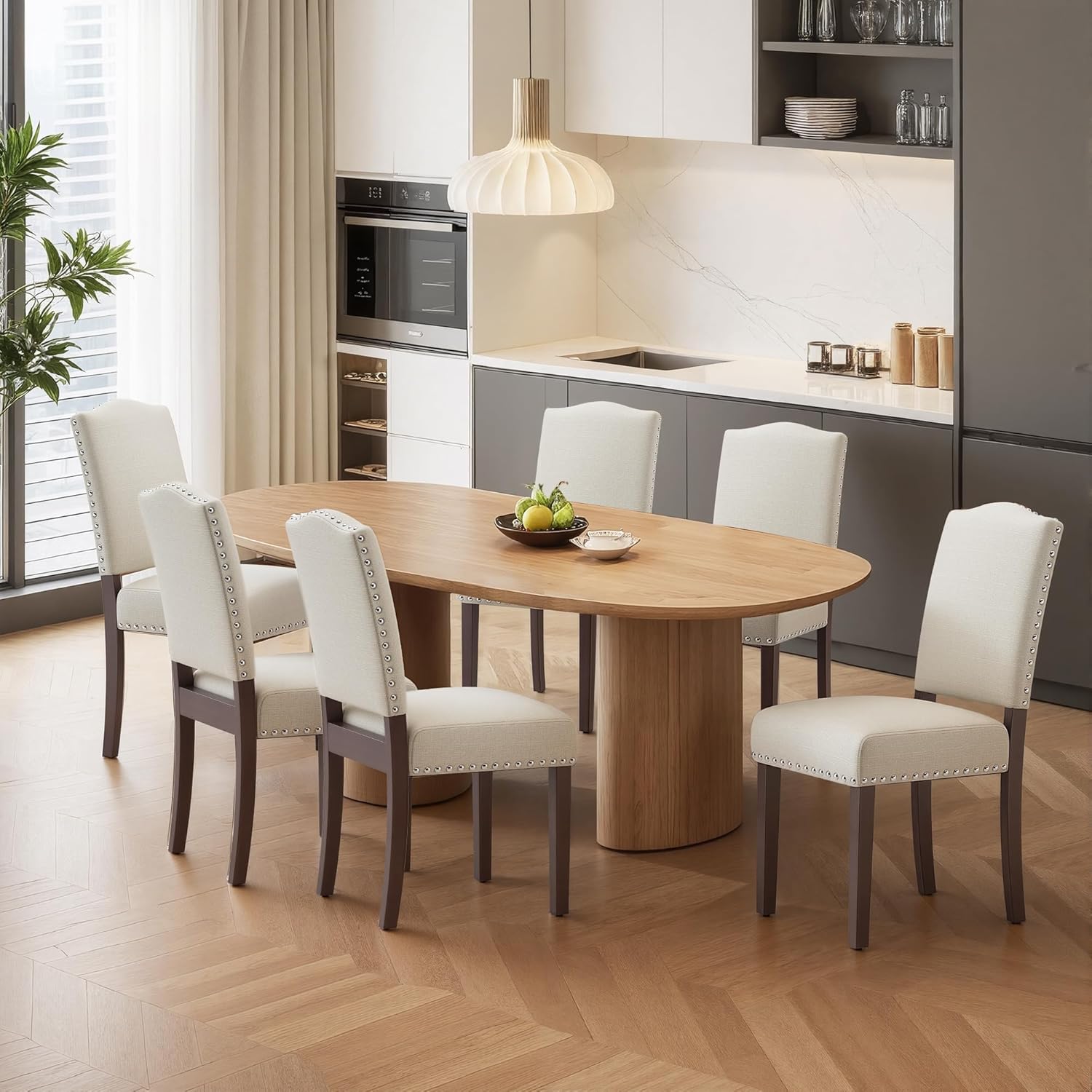 Upholstered Dining Chairs Set of 6 with Thickened Seat Cushion, Wooden Mid-Century Modern Fabric Farmhouse Kitchen Chairs for Dining Room Living/Restaurant/Reading Room(Beige)