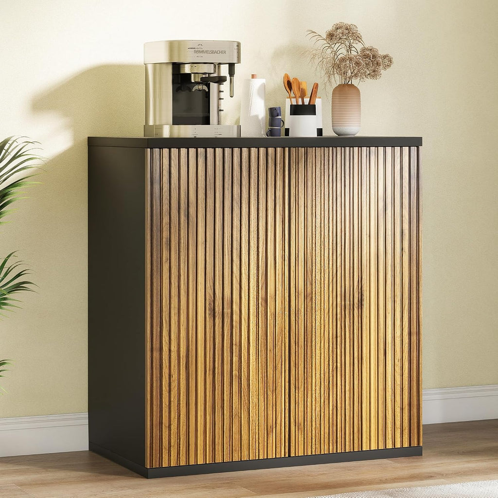 Buffet Cabinet with Storage Walnut Fluted Wooden Accent Sideboard with Pop-Up Doors and Adjustable Shelves Coffee Bar Media Console Cabinets for Kitchen, 1 Piece