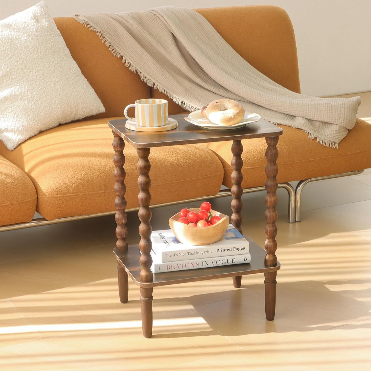 Fultyle Side Table, Small End Table with Storage Shelf, 2-Tier Small Coffee Tables Living Room for Bedroom, Narrow Spaces (Rustic Brown)