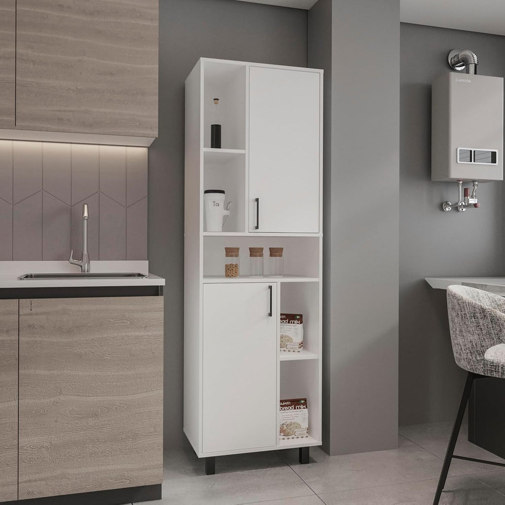 23.6" D* 16.2" W*74.8" H Kitchen Pantry with 4 Shelves, 2 Single Doors with 8 Storage Cubbies, Rectangular Storage Cabinet, Modern Minimalist, for Living Room, Dining Room, White
