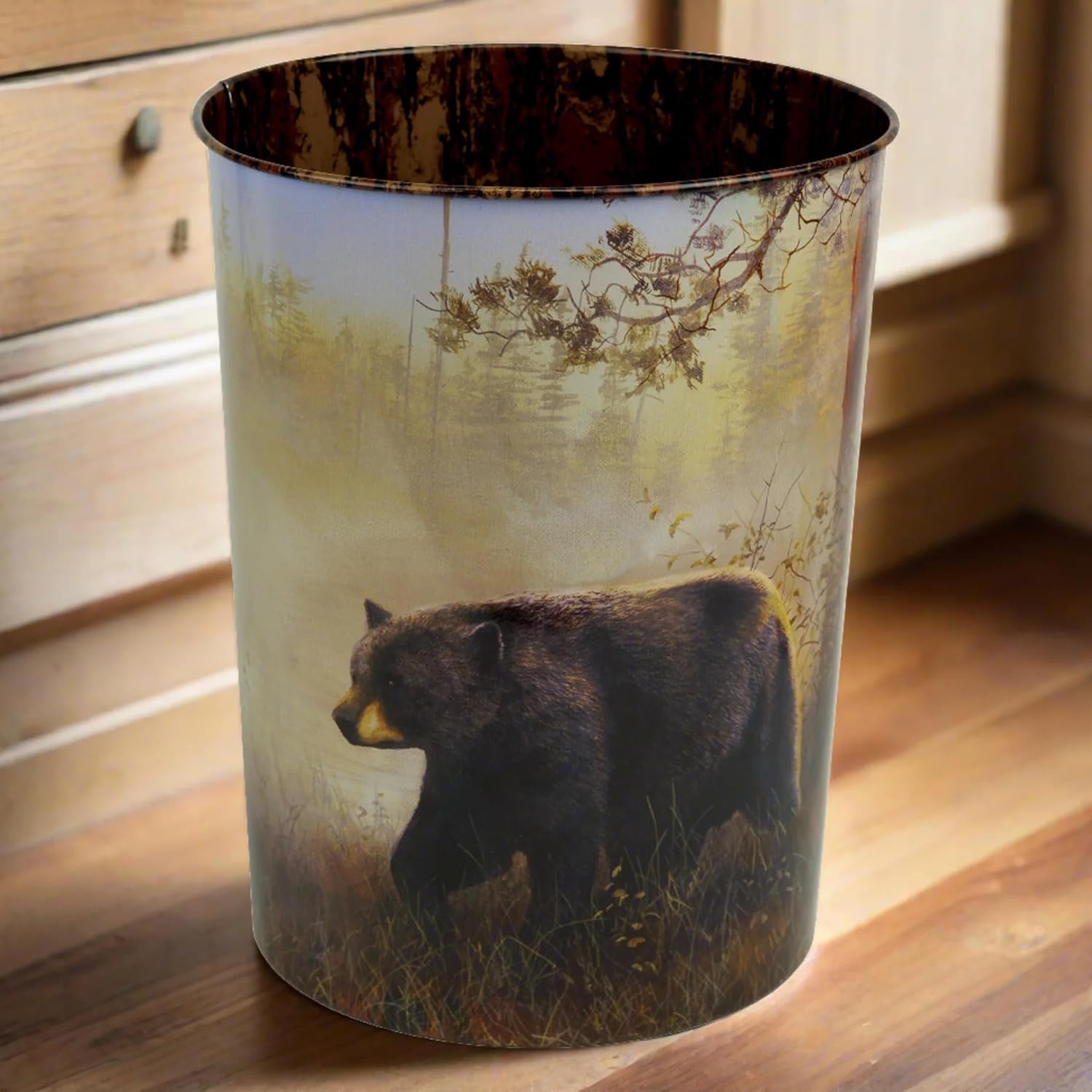 Rivers Edge Products Waste Basket, Tin Trash Bin for Office, Kitchen, Bathroom, Drink Bucket, 10.5 Inch Open Top, Lightweight Rectangular Design with Outside Art, Bear by Jim Hansel