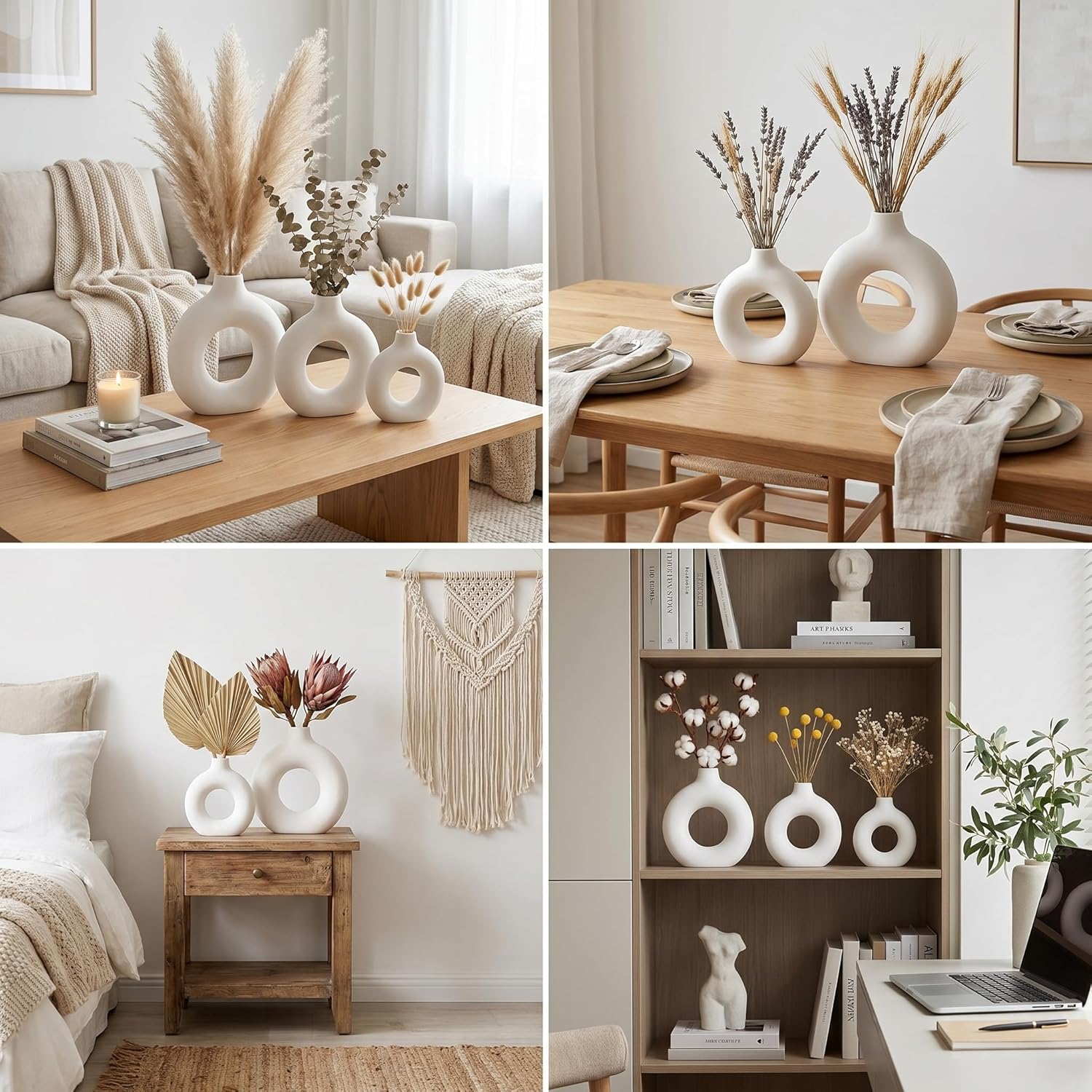 Suclain 6 Pcs White Boho Vase for Pampas Grass Plastic Modern Donut Flower Vase Minimalist Nordic for Wedding, Boho Party Decoration, Home Table Centerpiece, Floral Arrangements Living Room Decor