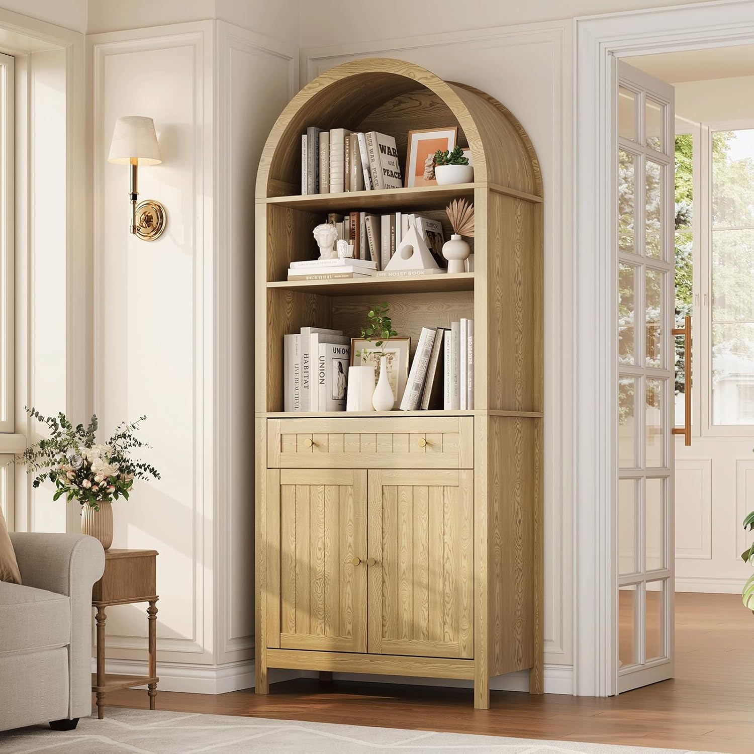 73 Inch Tall Arched Farmhouse Storage Cabinet, Freestanding Accent Cabinet with Magnetic Soft-Close Doors, 4-Position Adjustable Shelves, Anti-Tip Reinforced Frame & Leveling Feet, Rustic Wooden Cupbo