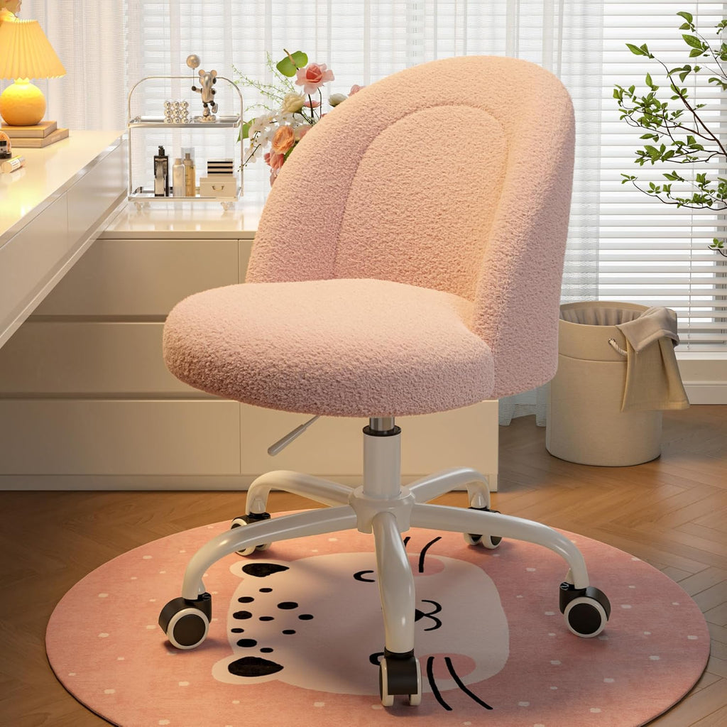 DurayLoly Vanity Chair with Wheels, Cute Desk Chair with Back, Armless Chair with Height Adjustable & 360° Swivel, Soft Lumbar Support for Small Space, Bedroom, Gentle Pink