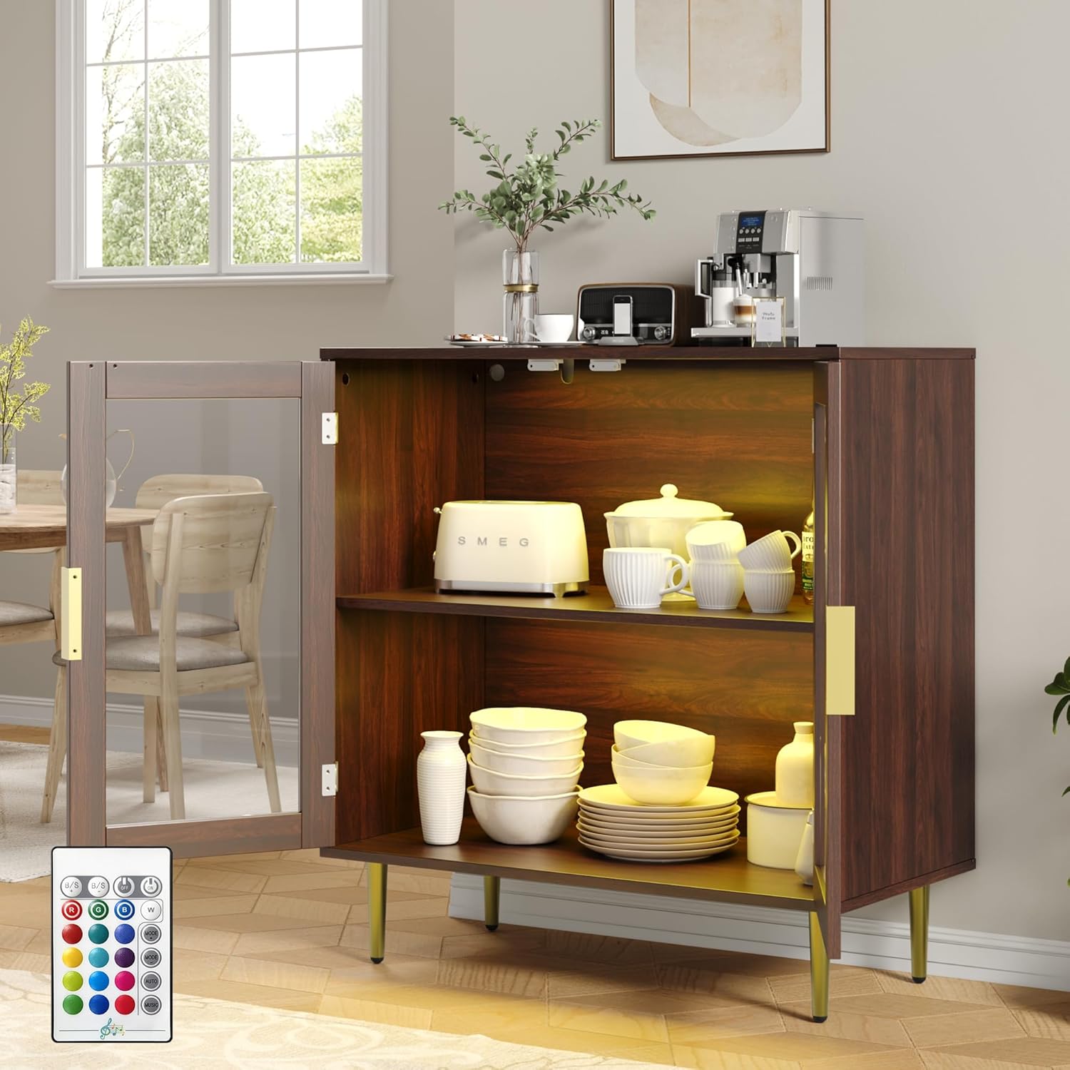 Housoul Buffet Cabinet with LED Lights, Sideboard Cabinet with 2 Doors Acrylic, 32" Modern Buffet Cabinet with Shelf, Coffee Bar Cabinet for Living Room, Kitchen, Walnut
