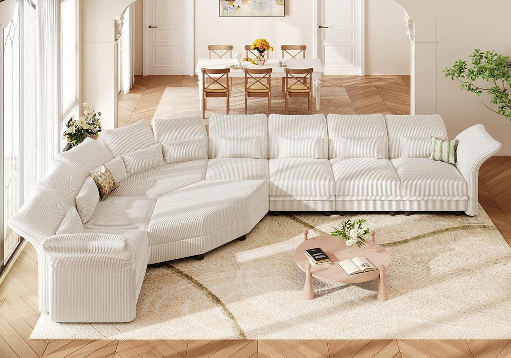 LLappuil Curved Oversized Sectional Couch with Storage & Hexagon Seat, L Shaped Modular Sectional Sofa for Living Room with Adjustable Arms Backs, Thick Plush Cushions, 8 Seater, Beige Corduroy