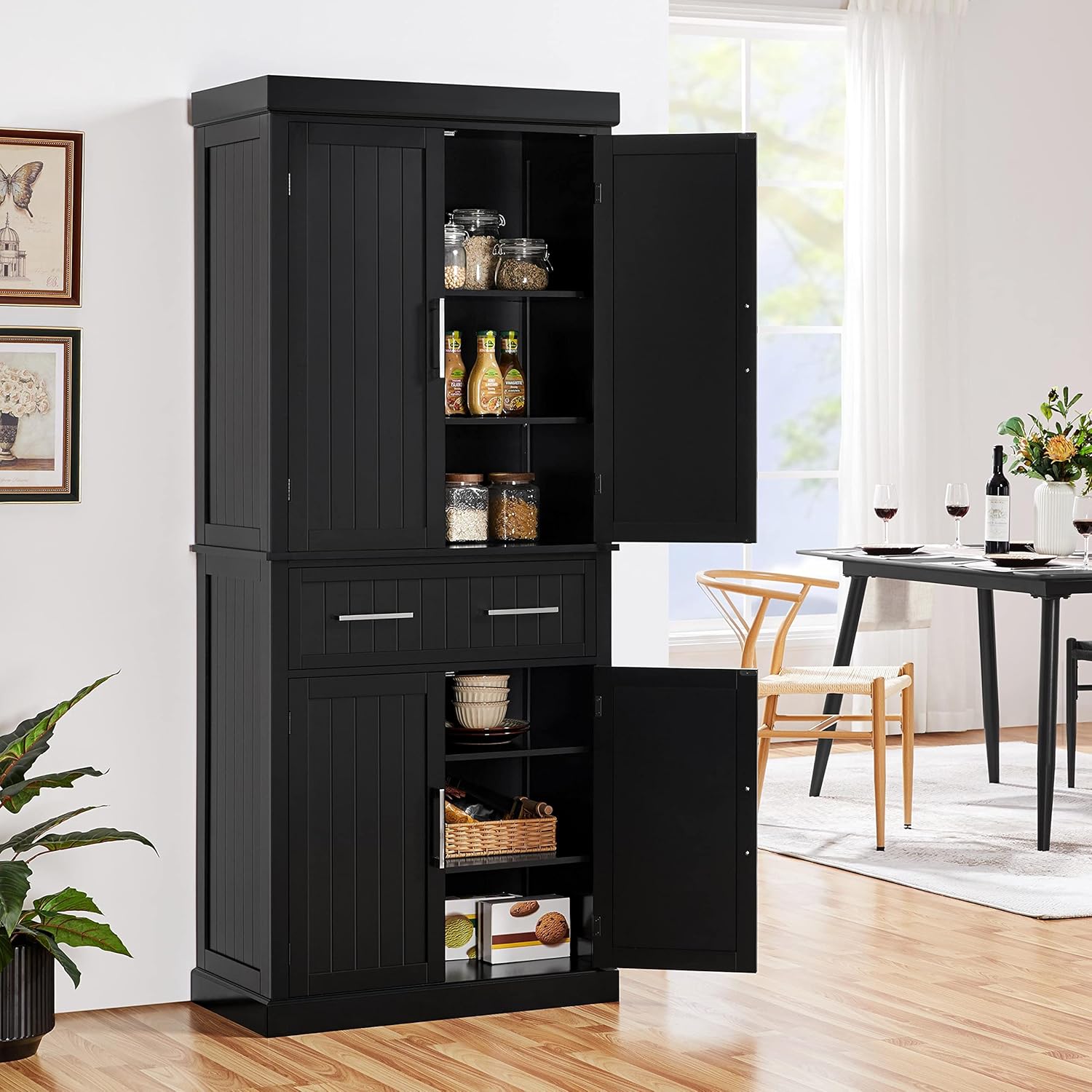 Topeakmart Kitchen Storage Cabinet, Tall Pantry Cabinet Cupboard with Drawer and Adjustable Shelves, Freestanding Storage Cabinet Organizer for Kitchen, Living Room, Dining Room, Bathroom, Black
