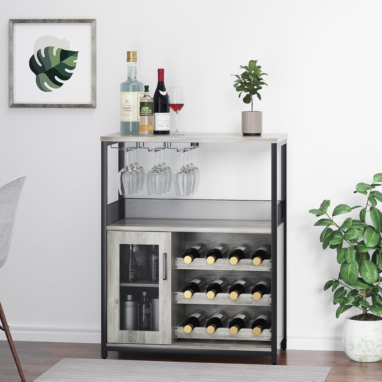 Amyove Wine Bar Rack Cabinet with Detachable Wine Rack, Bar Rack with Glass Holder, Small Sideboard and Buffet Cabinet with Mesh Door, Grey