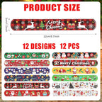 XIHIRCD 12pcs Christmas Wrapping Paper Roll Holder Clips, 8.7x1.2in Holiday Flip Wraps Clamps 12 Designs Stabilizer Slap Bands Gift Strips Flip Gadgets for Xmas Poster Wrapping Organization Storage