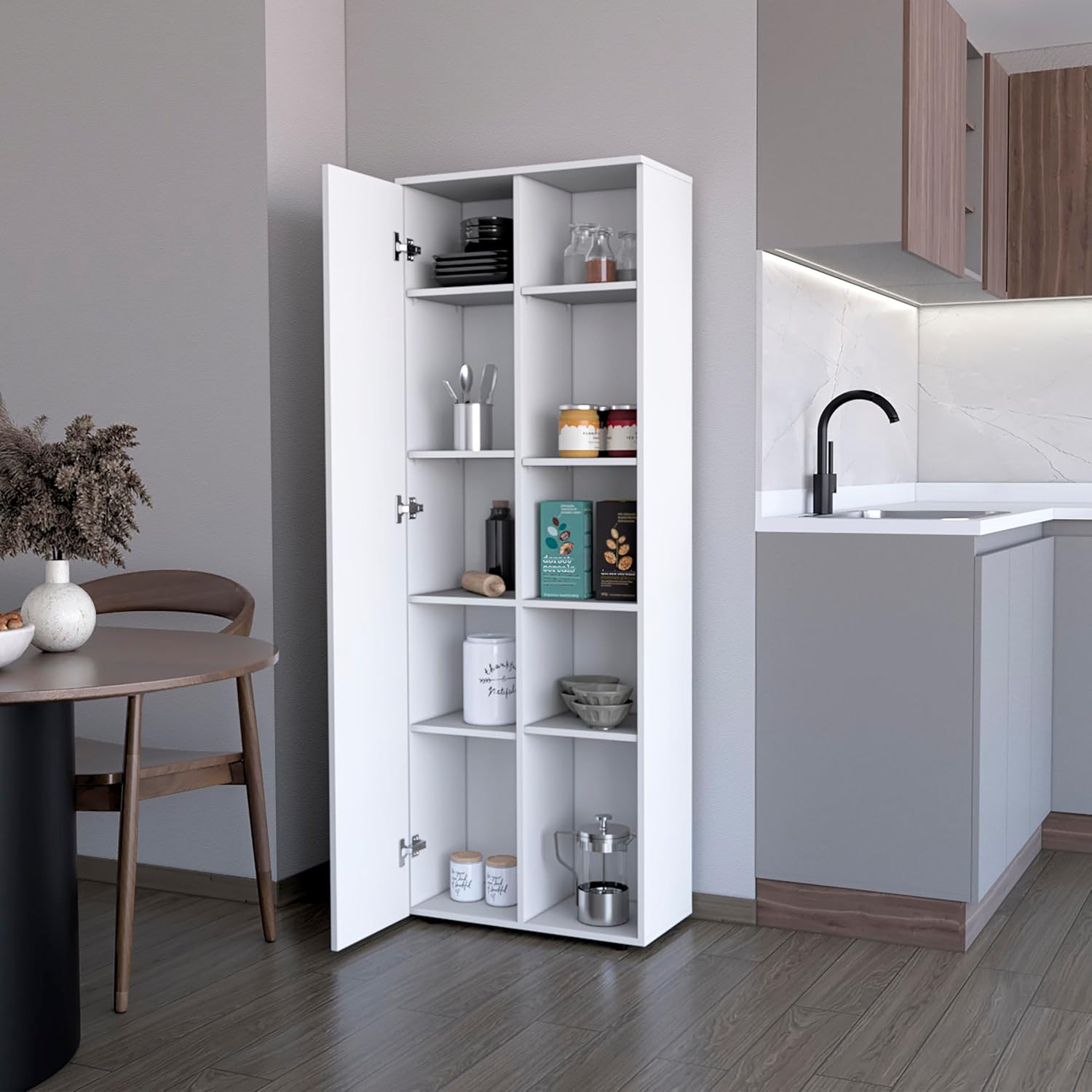 23.6" D*11.8" W*66.9" H Freestanding Kitchen Pantry with 8 Shelves, Double Door, Rectangular Storage Cabinet, Modern Minimalist, for Living Room, Dining Room, White